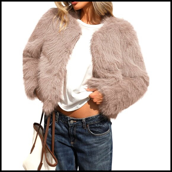 Jackets & Blazers - Fluffy Faux Fur Cropped Coat Soft Warm Winter Jacket with Hidden Hooks Pockets